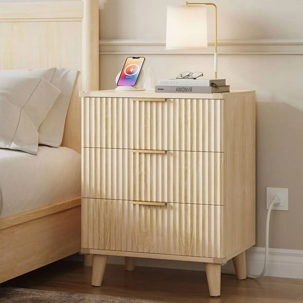 Laintene 3-Piece Boho Bedroom Set - 6-Drawer Dresser & 2 Nightstands with 3 Drawers & USB Charging, Fluted Wooden Storage, Modern Dresser & Nightstand Combo, Natural