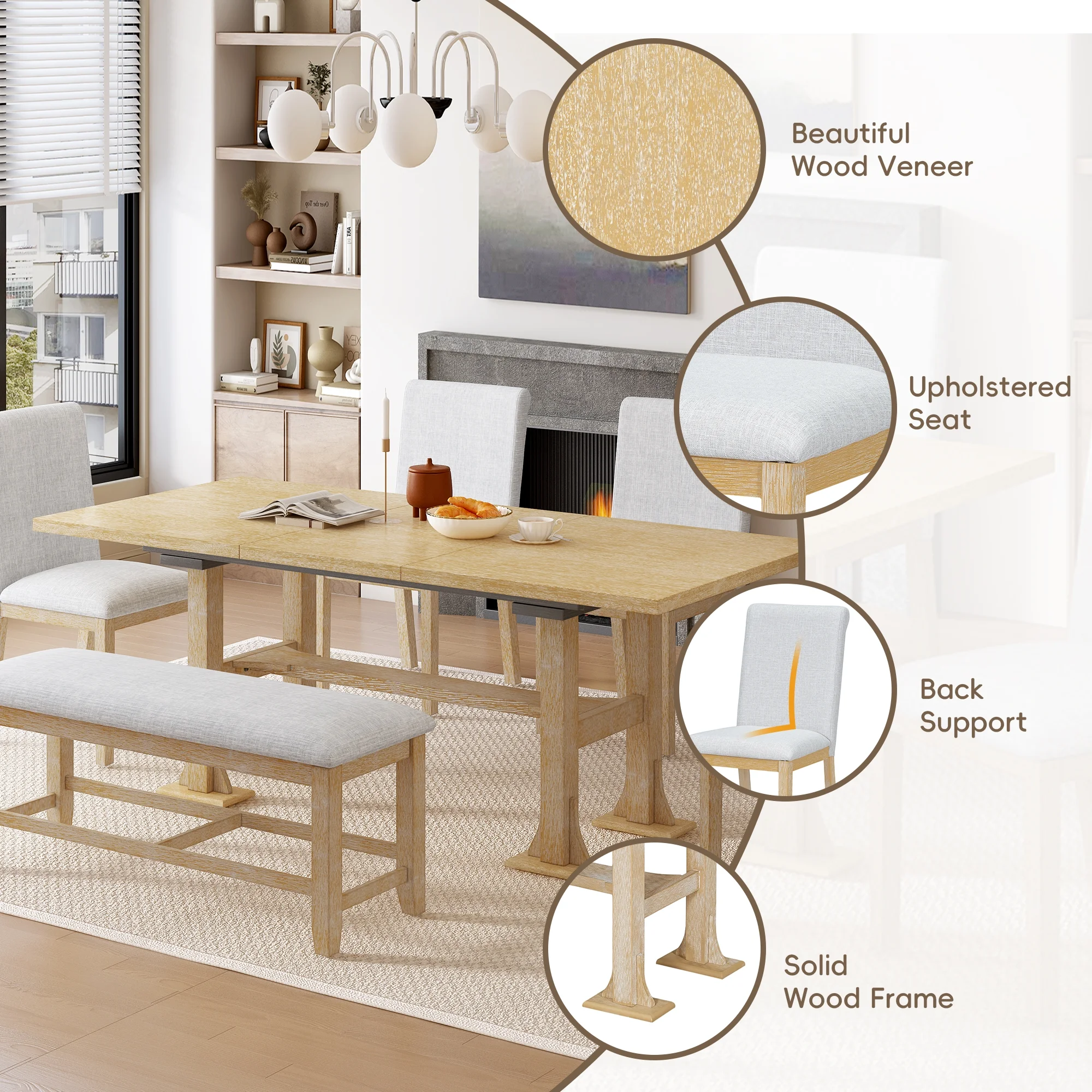 Harper & Bright Designs 6 Pieces Dining Table Set with Bench for 6, Kitchen Table Set with Storage Drawer and 4 Upholstered Dining Chairs, Dark Brown