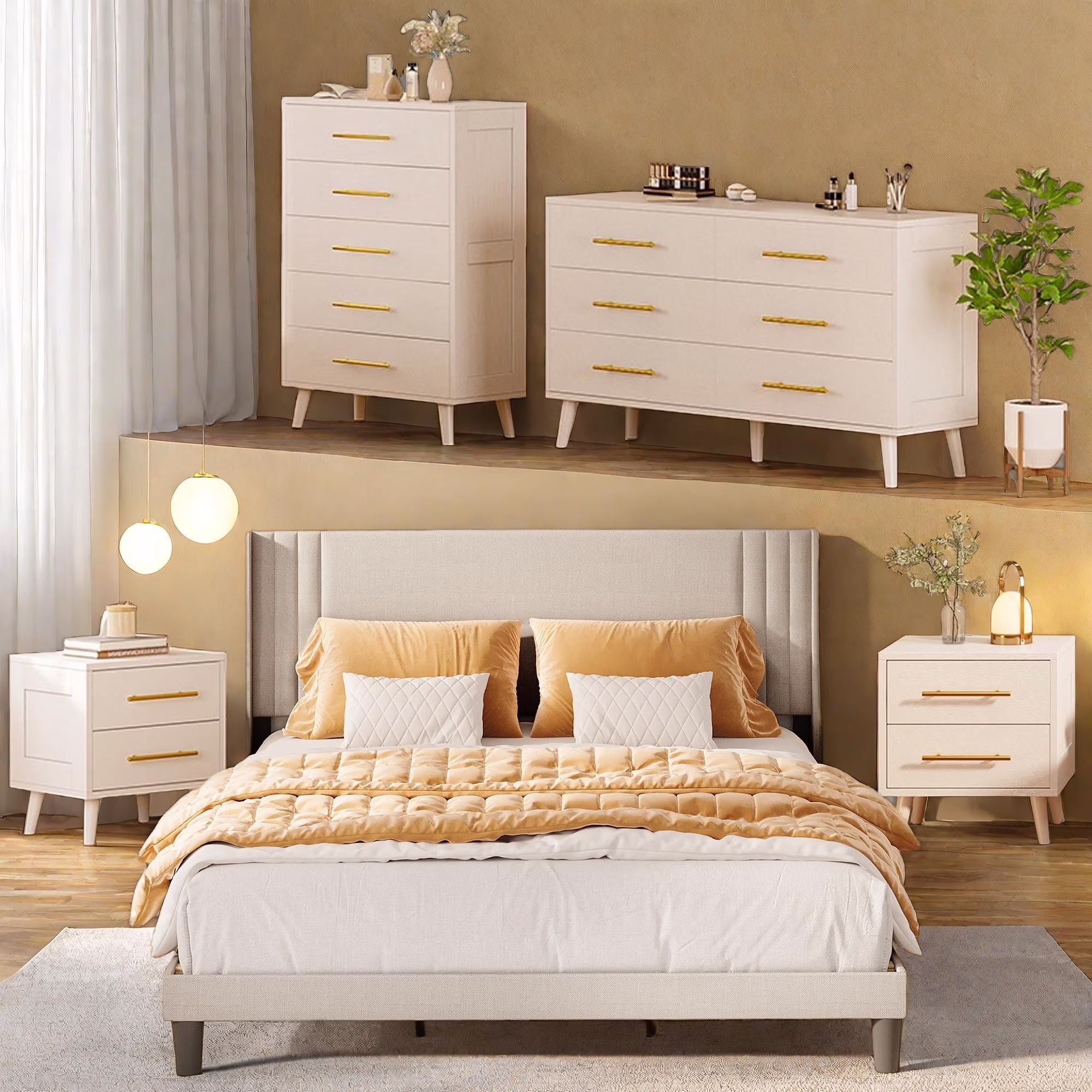 Bedroom Furniture Set - Includes Queen Bed Frame, Nightstands Set of 2, 5-Drawer Dresser & Double Wide 6-Drawer Dresser - Modern Storage Solution for Stylish Home Decor, Black