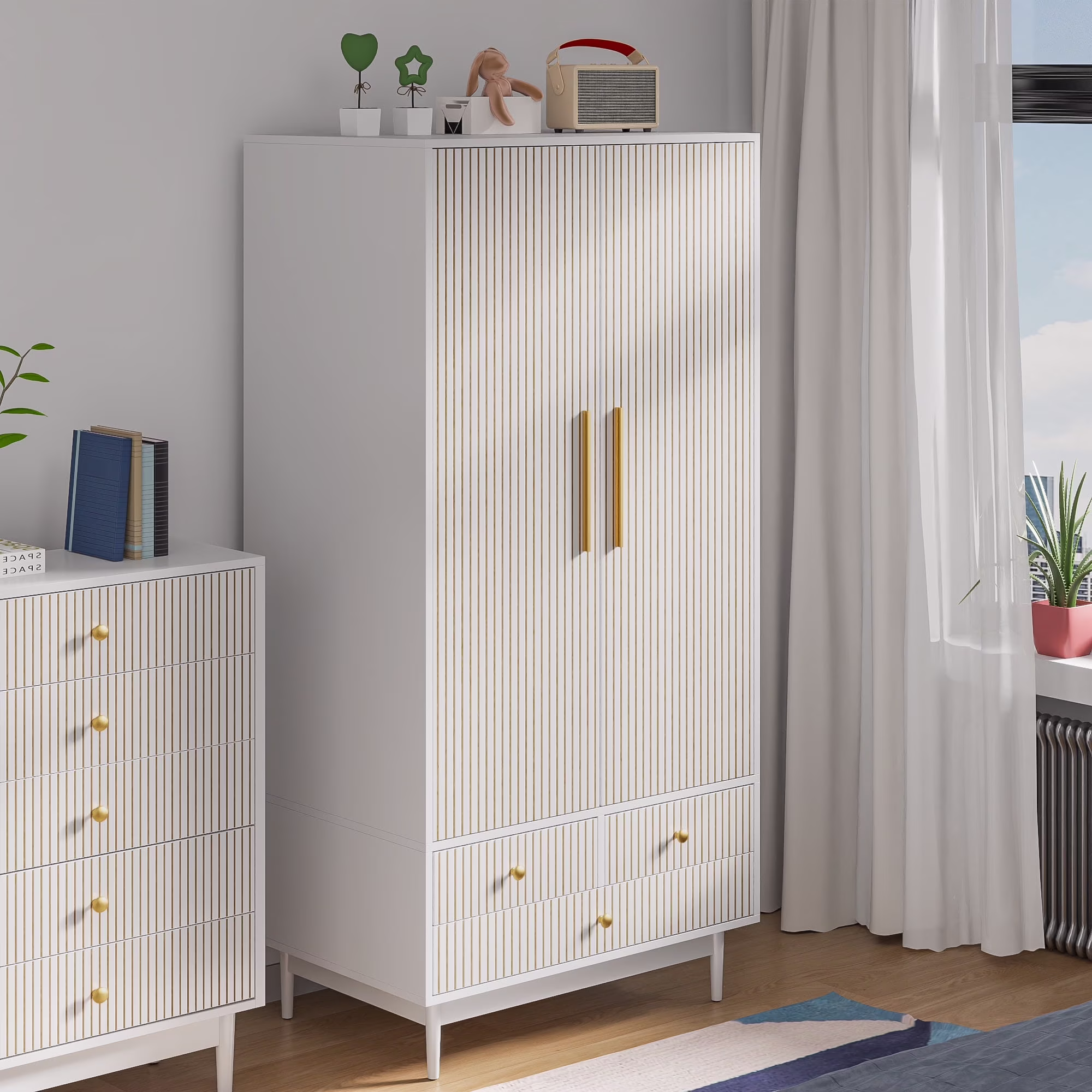 Oubayajia Wardrobe Armoire Closet, 2 Fluted Doors Wardrobe Cabinet with 3-Drawer and Hanging Rod, Wood Wardrobe Storage for Bedroom