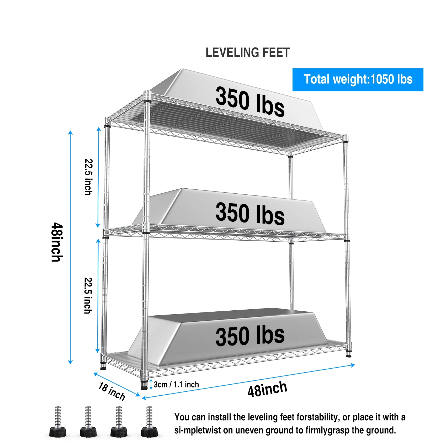 Miniyam 3 Tier Wire Shelving Unit, 2 Packs 1050 LBS NSF Adjustable Metal Garage Storage Shelves, Heavy Duty Storage Wire Rack, Black