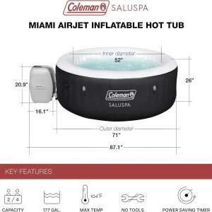 Coleman SaluSpa Miami AirJet 2 to 4 Person Round Inflatable Hot Tub Portable Outdoor Spa with 120 Soothing AirJets and Insulated Cover, Black