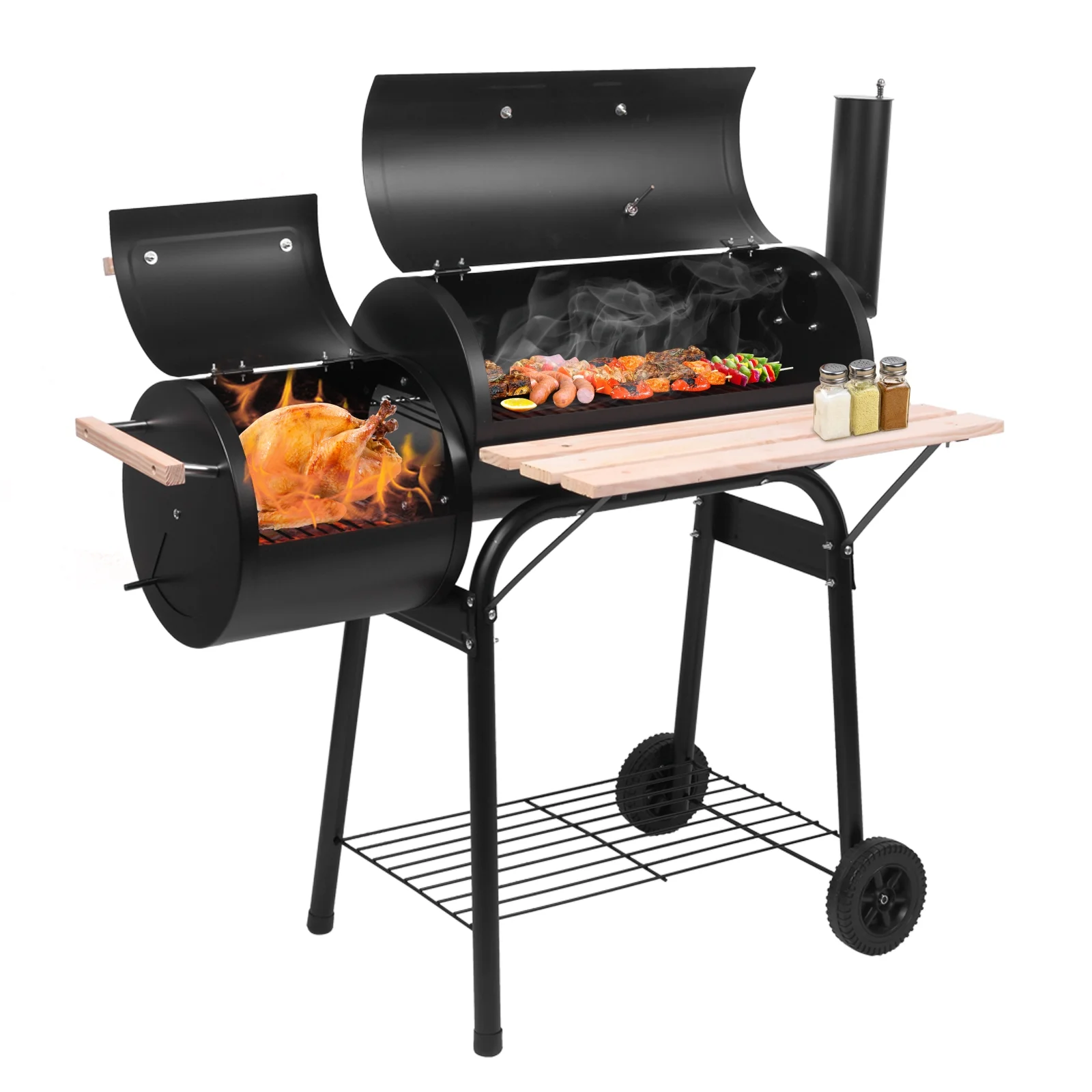 Clearance Charcoal Grill, Portable Oil Drum Charcoal Furnace with Stainless Steel BBQ Smoker, Wood Shelf, Thermometer, Wheels, for patio, Pool, Camping