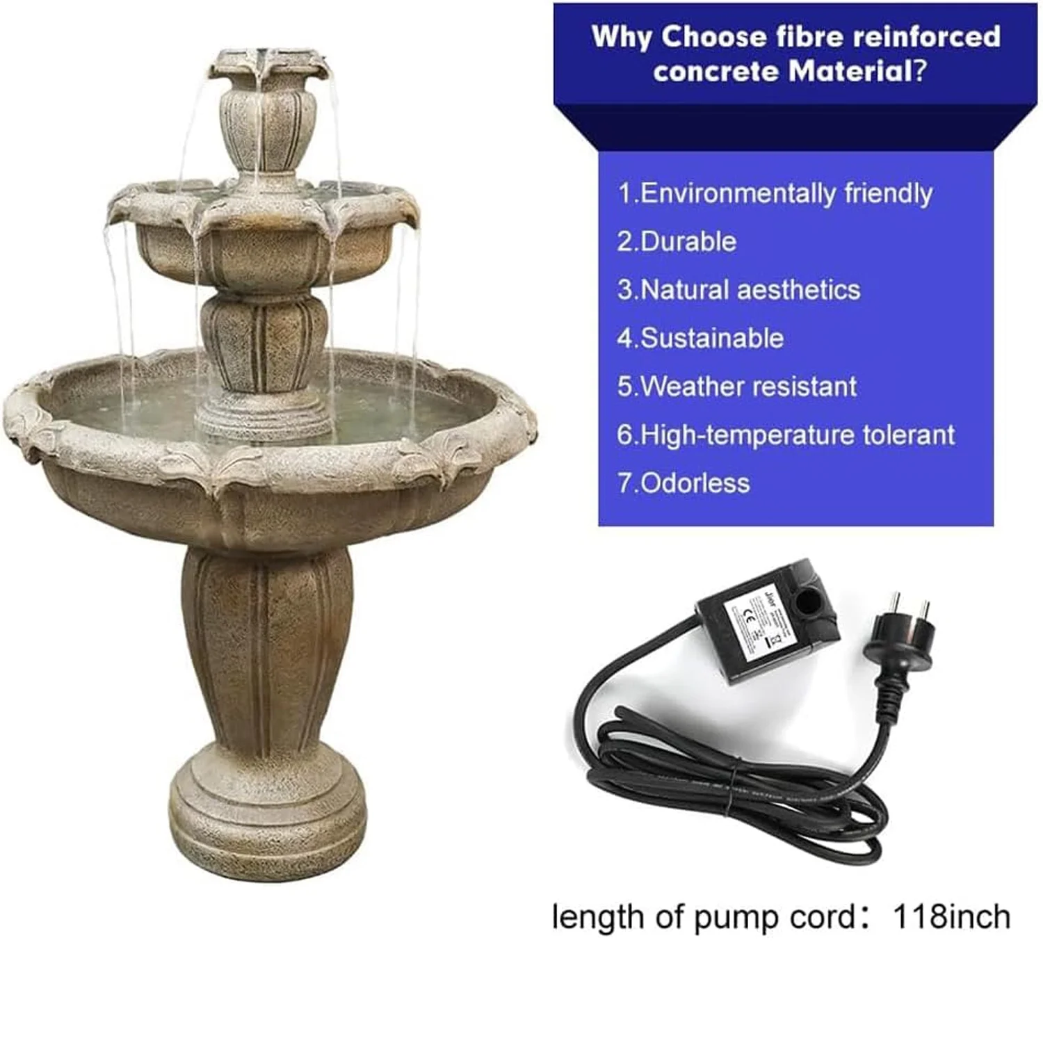 48-?H Outdoor Floor Water Fountain, 3-Tiers Concrete Water Fountain with Submersible Electric Pump - Garden Cascading Waterfall for Yard Patio Lawn Home Decor