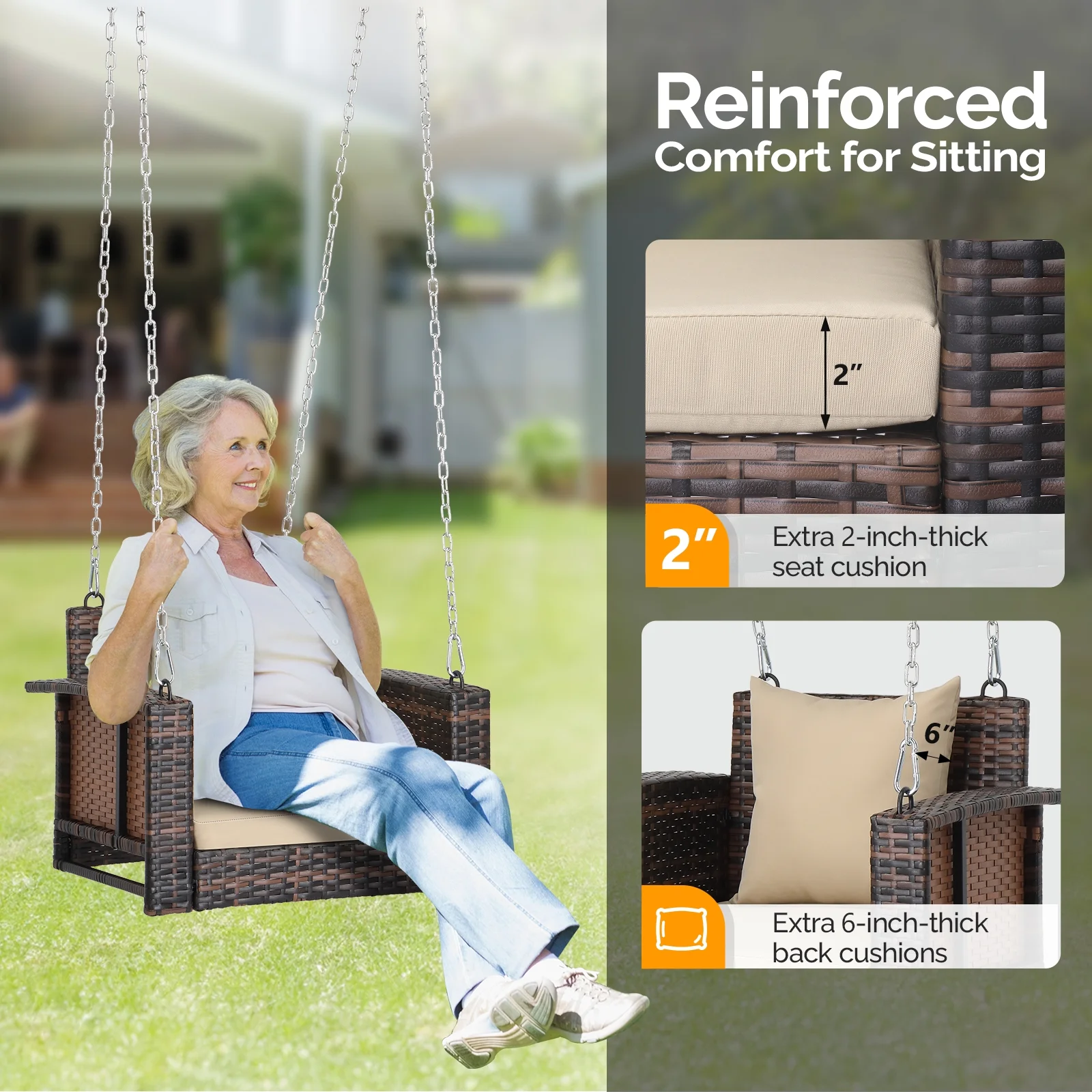 Zimtown Patio Rattn Wicker Swing, Outdoor Bench w/ Blue Cushion, Outdoor Seat Garden Swing for 2 Person