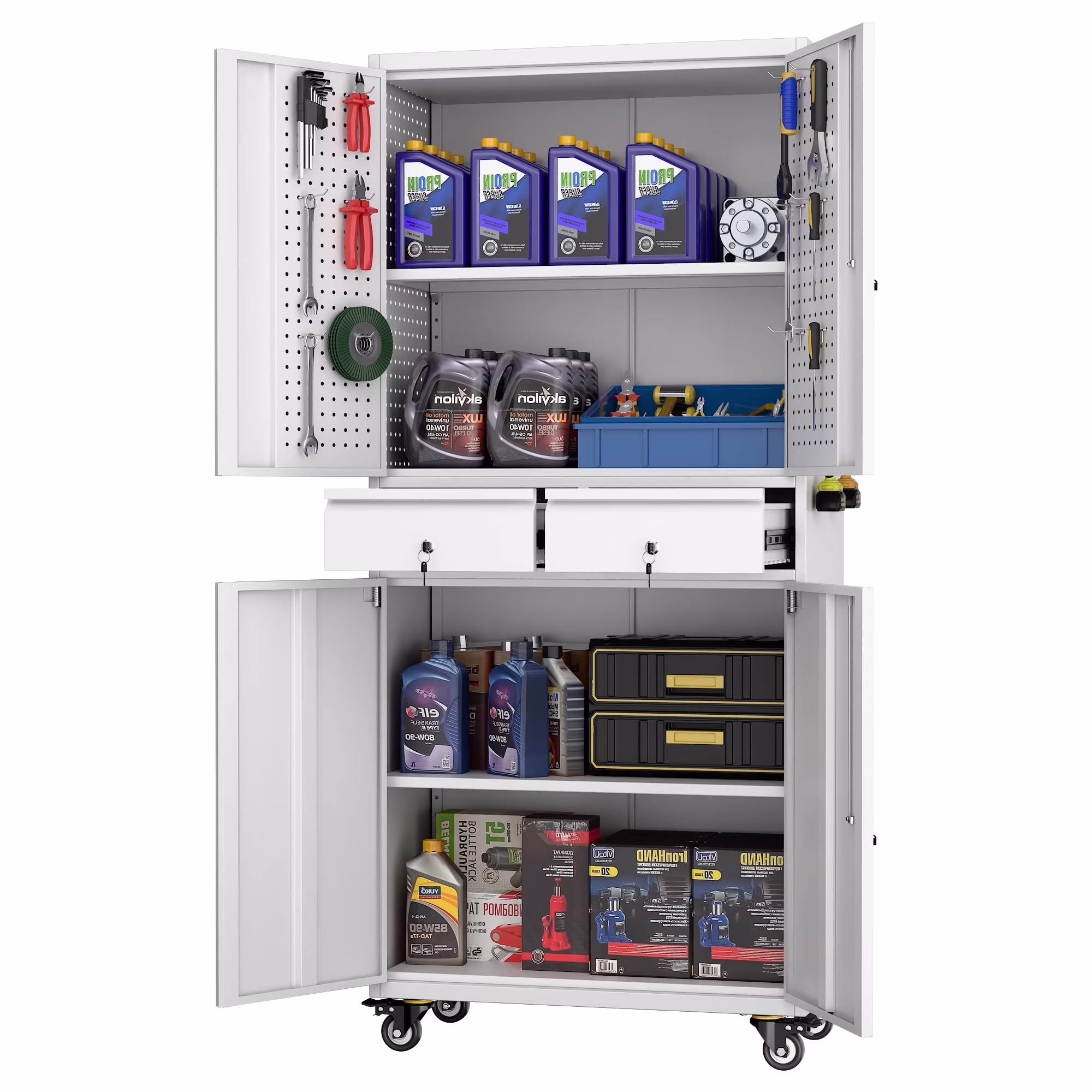 GangMei 71-Inch Metal Lockable Storage Cabinet with Pegboards and 5 adjustable shelves, White, Assembly Required