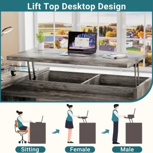 Homieasy L Shaped Desk with Power Outlets and USB Charging Ports, Lift Top Corner Computer Desk with Drawer, Large Office Desk with Storage Shelves, L Shaped Standing Desk for Home Office, Black Oak