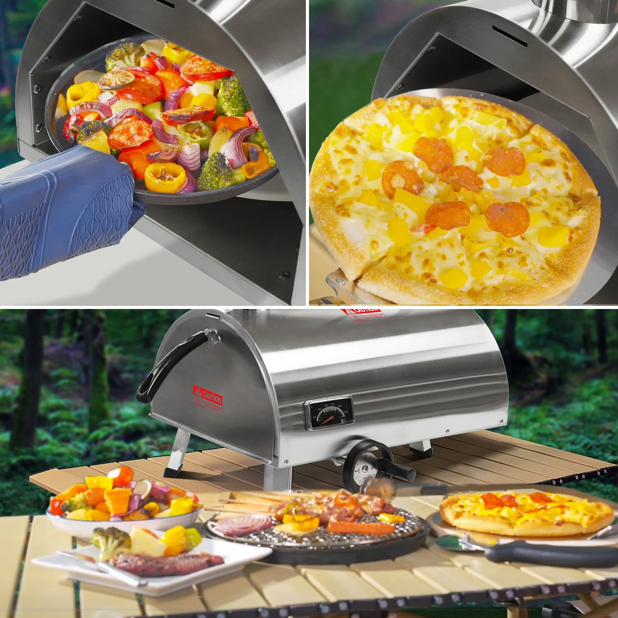 BBQ Utensils Silver Pizza Oven Outdoor 12" Semi-Automatic Rotatable Pizza Ovens Portable Stainless Steel Wood Fired Pizza Oven Pizza Maker with Built-in Thermometer Pizza Cutter Carry Bag,Outdoor Gri