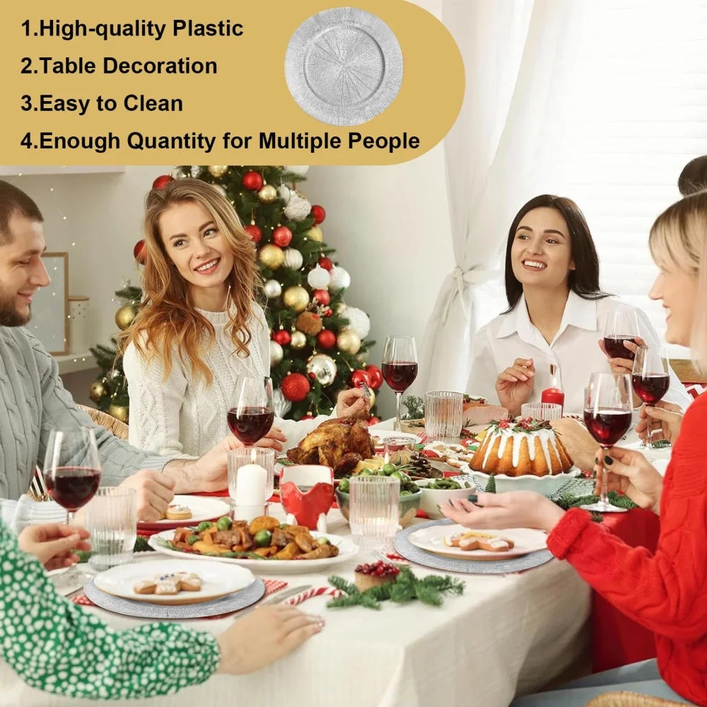WAASOSCON 100Pcs Bulk Silver Charger Plates, PP Charger Plates for Weddings, Textured Decorative Tableware for Events and Holiday Parties