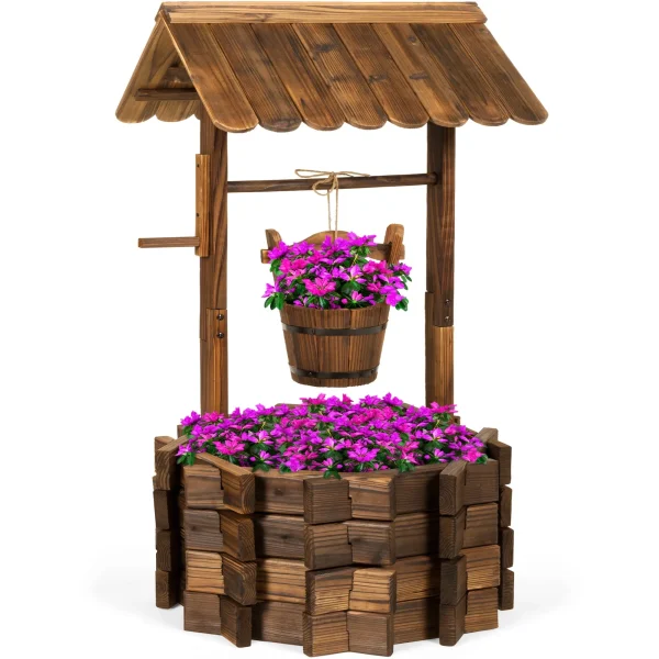 Best Choice Products Rustic Wooden Wishing Well Planter Outdoor Home Decor for Patio, Garden, Yard w/ Hanging Bucket