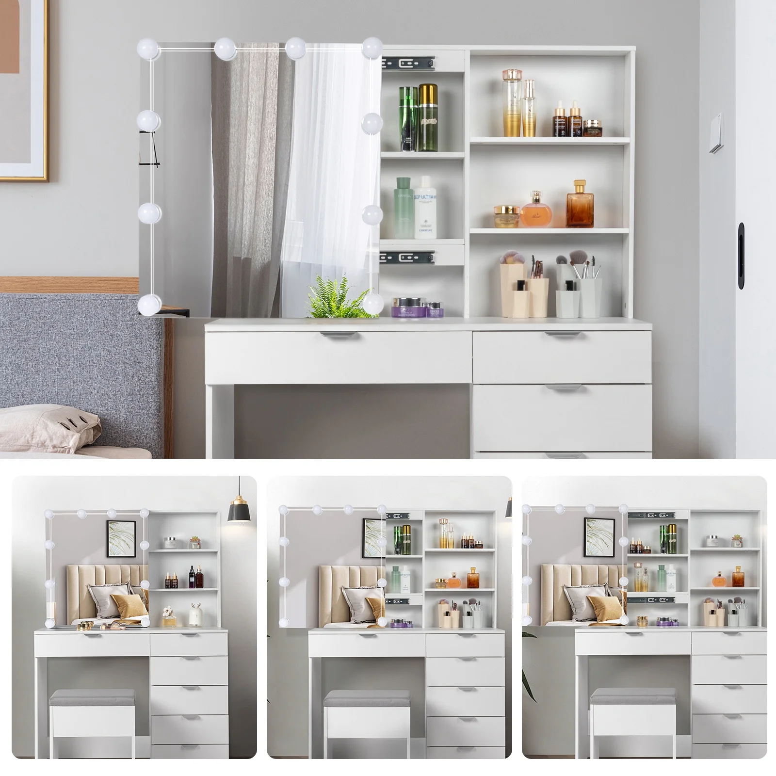 Ktaxon Vanity Set with 3 Color Lighted Mirror, Makeup Table with 6 Drawers, Dressing Table Makeup Desk with Stool, White