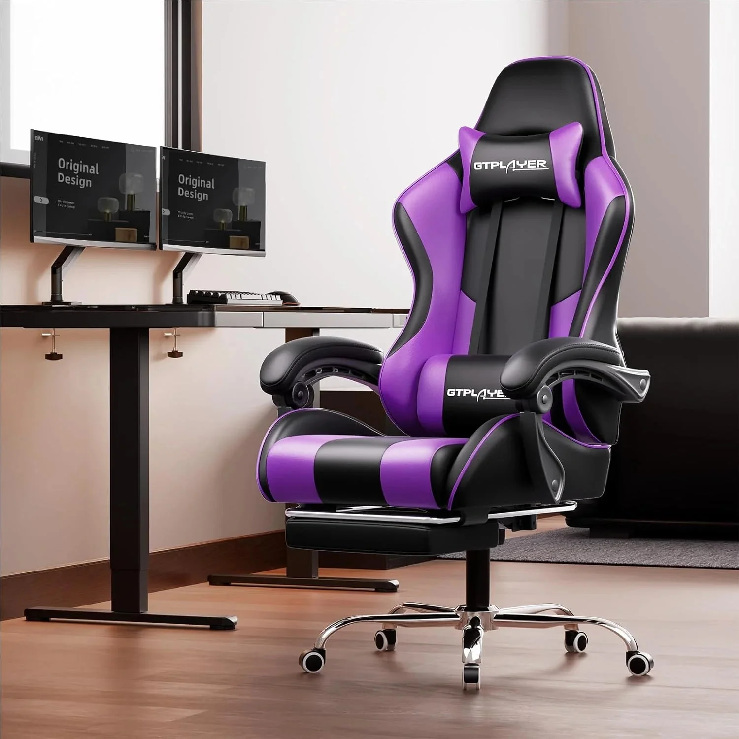 GTPLAYER Gaming Chair with Footrest and Lumbar Support Ergonomic Computer Chair with Headrest, 360 Swivel, Height Adjustable, White