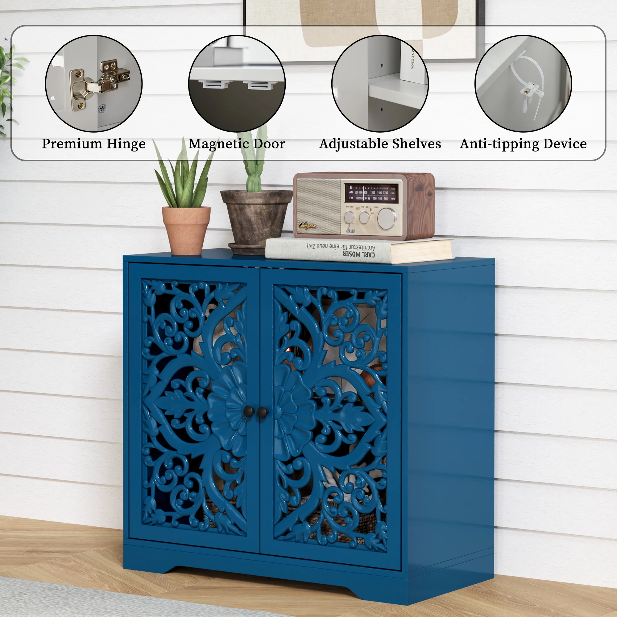 Accent Cabinet with Hollow Carved Door for Entryway Hallway, Blue Sideboard Buffet Cabinet, Storage Cabinet for Living Room