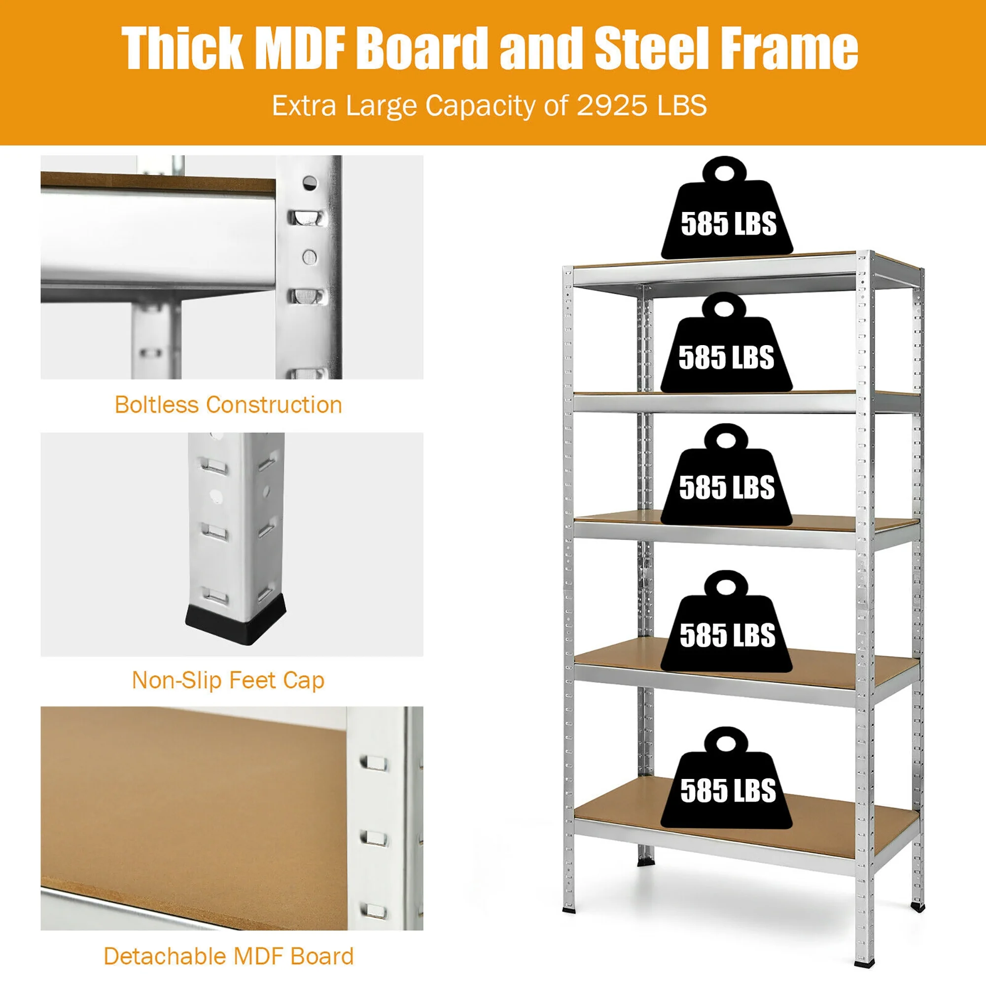 Costway 72'' Heavy Duty Steel 5 Level Garage Shelf Storage Adjustable Shelves Silver