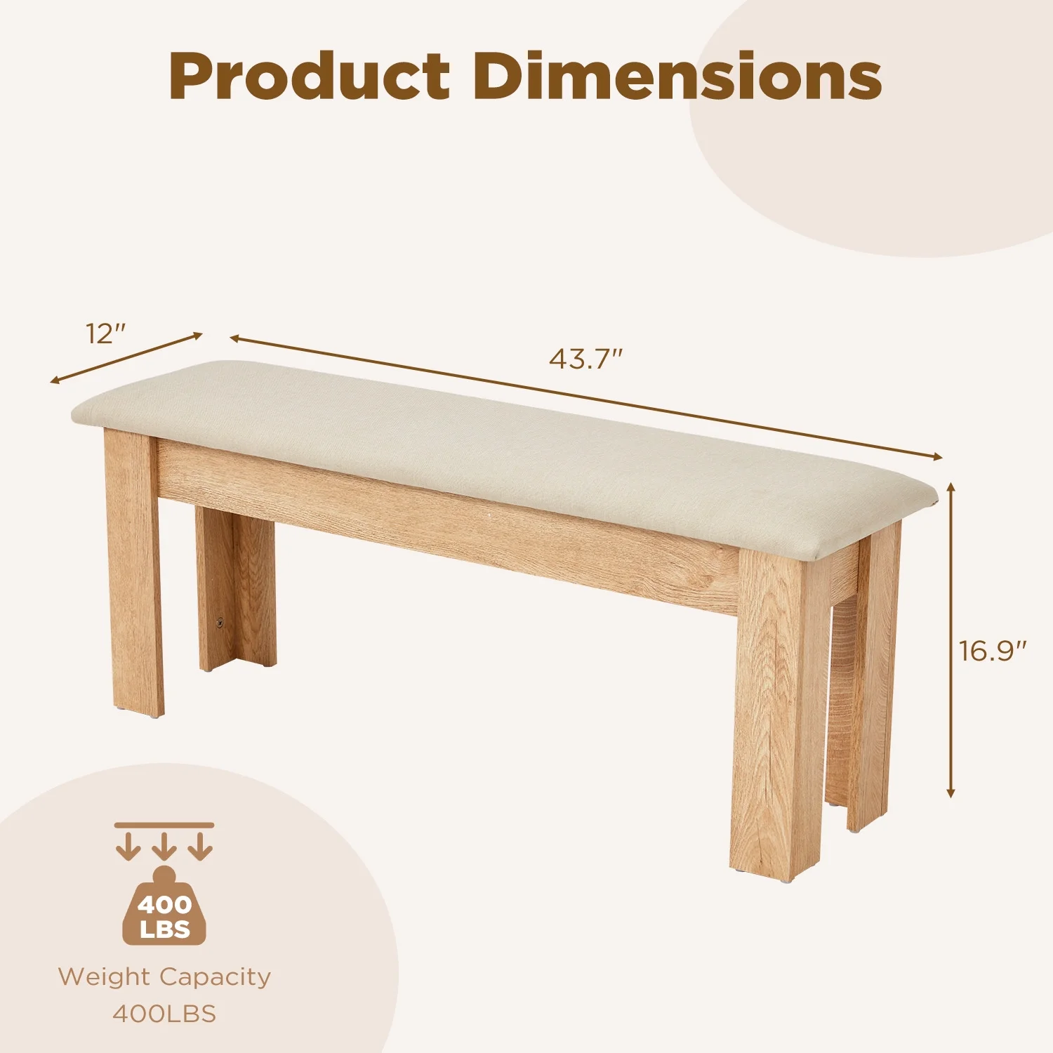 AVAWING 44" Dining Room Bench Set of 2, Wood & Linen Fabric Kitchen Benches, Beige & Natural