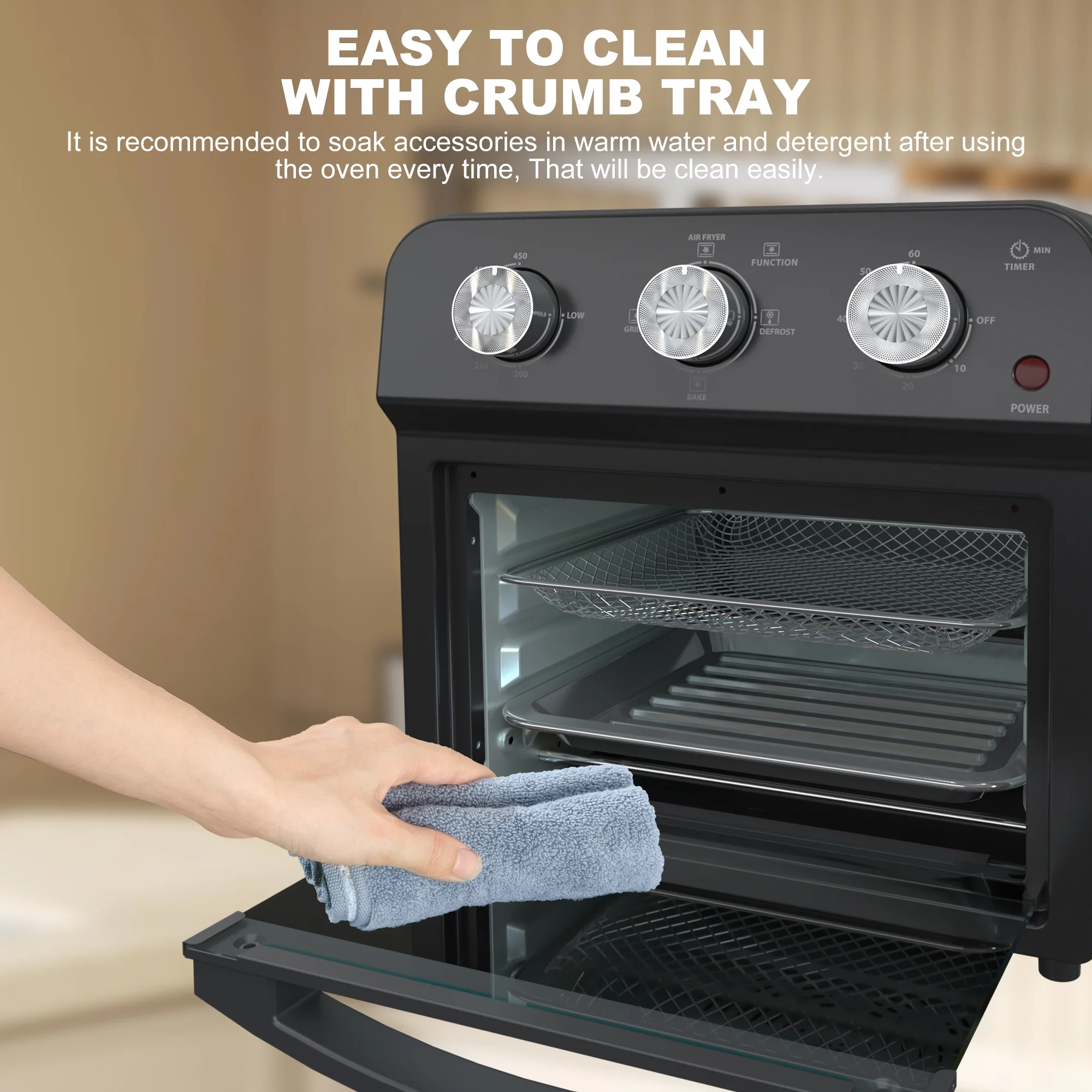 PlumChef 13 Quart 4 Slices Air Fryer Convection Toaster Oven, 1500W, 7 in 1 Multifunction with Roast, Bake, Grill, Broil, Toast, Dehydrate, Defrost, Stainless Steel