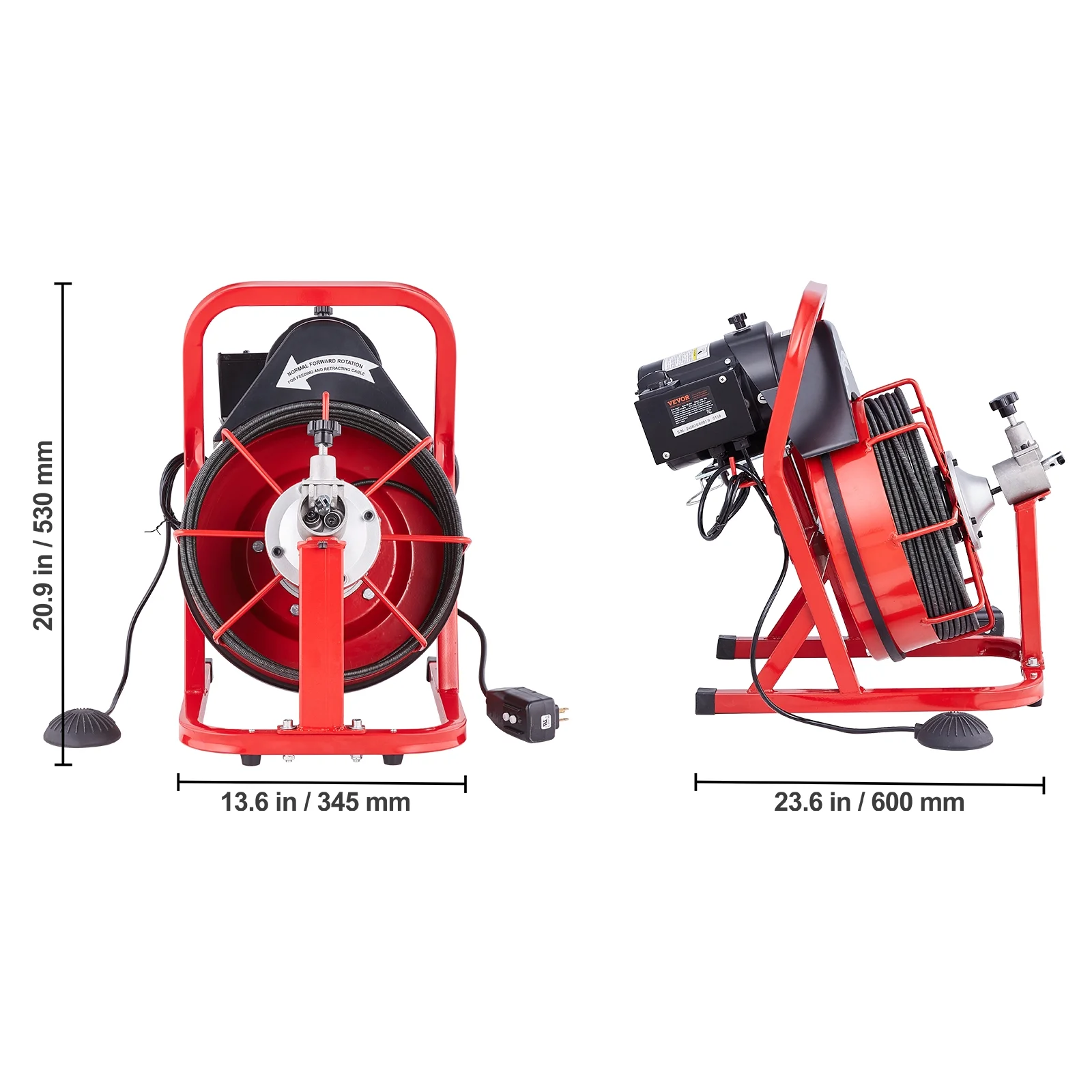 VEVOR Drain Cleaner Machine 50FT x 3/10 Inch, Auto Feed Sewer Snake Auger, Electric Drain Cleaning Machine with 4 Cutters & Air-activated Foot Switch for 2" to 4" Pipes