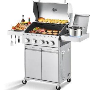 Upgraded 4 Burner BBQ Propane Gas Grill with Cast Iron Grates & Side Stove, 44,000 BTU Stainless Steel Burner Barbecue Grill for Patio, Camping, Outdoor Cooking.