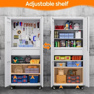 GangMei 71-Inch Metal Lockable Storage Cabinet with Pegboards and 5 adjustable shelves, White, Assembly Required