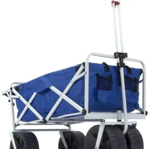 All Terrain Beach Wagon with Side Table|Heavy Duty Collapsible Folding Cart with Large Wheels for Beach Day, Picnic, Camping, Outdoor Activities | Blue/White