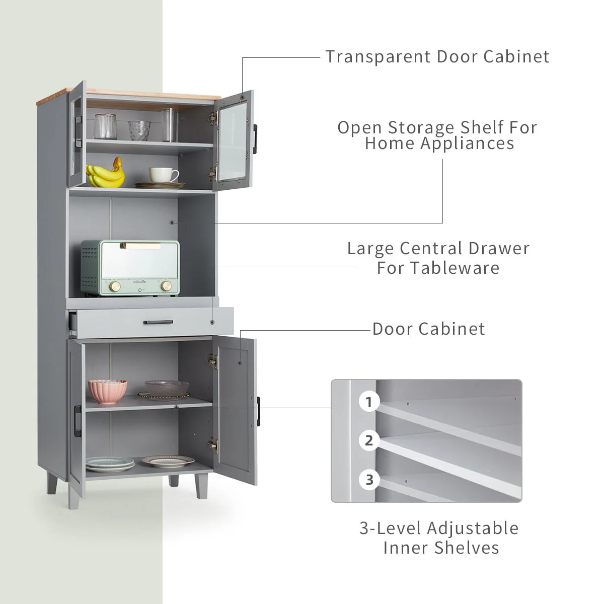 Erinnyees Kitchen Cabinet Pantry Cabinets with 2 Cabinets, 1 Cutlery Drawer, 1 Open Shelf, Kitchen Storage Cabinets for Home&Office
