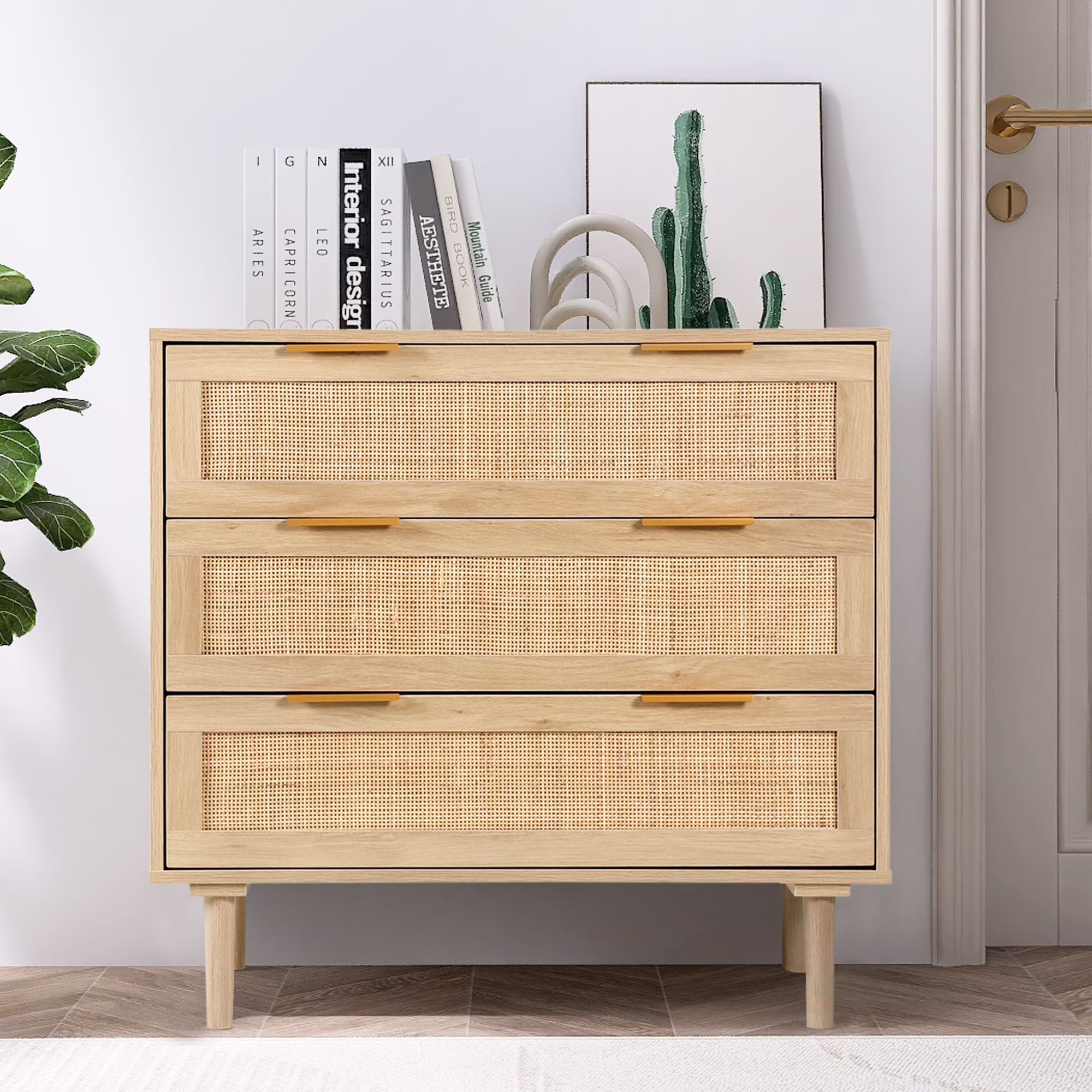 LAZZO 3 Modern Drawer Dresser Rattan, Wooden Dresser Chest of Large Storage Cabinet