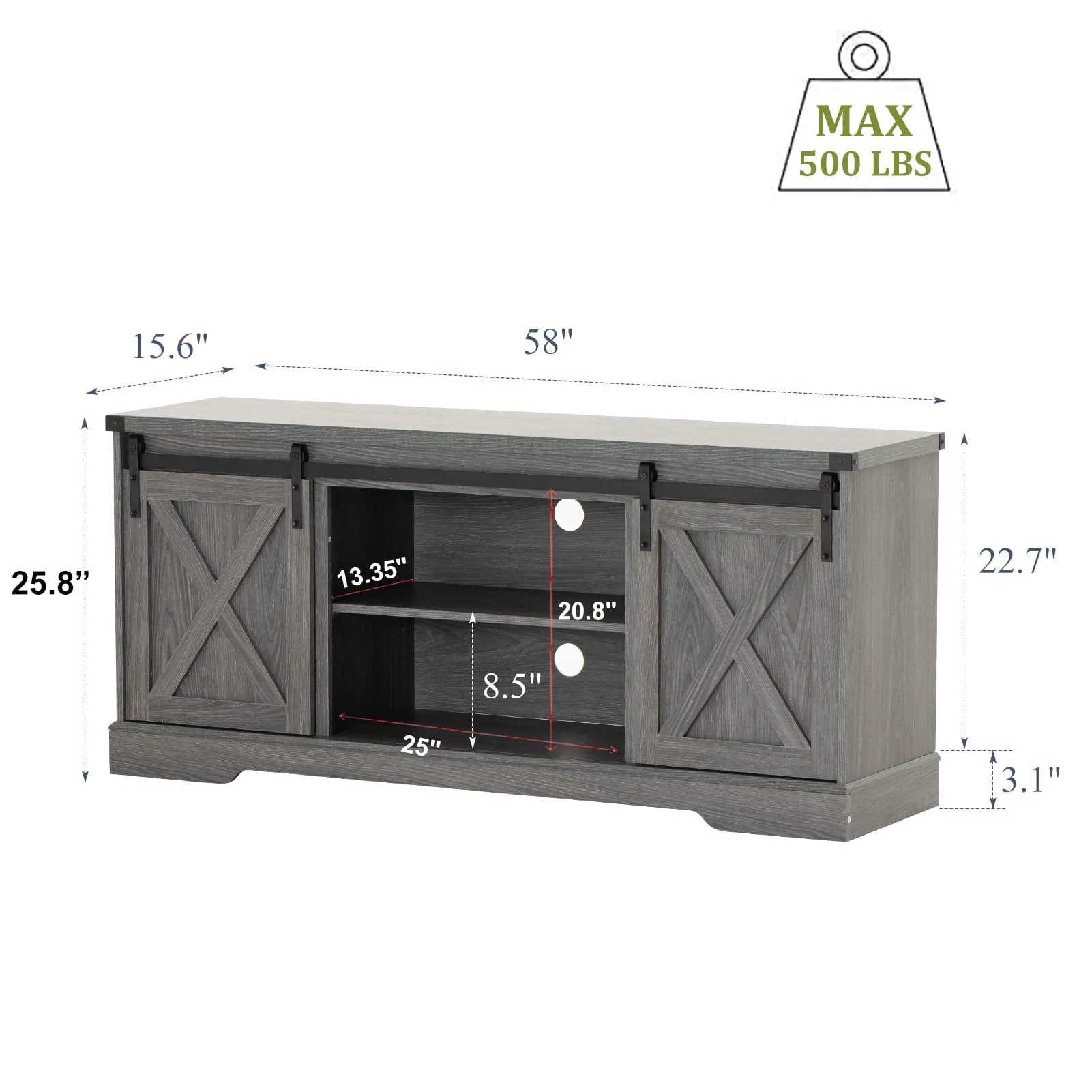 58" Farmhouse Coffee Bar Cabinet with Sliding Barn Door, Heavy Duty Sideboard Buffet Cabinet Kitchen Storage(Grey)