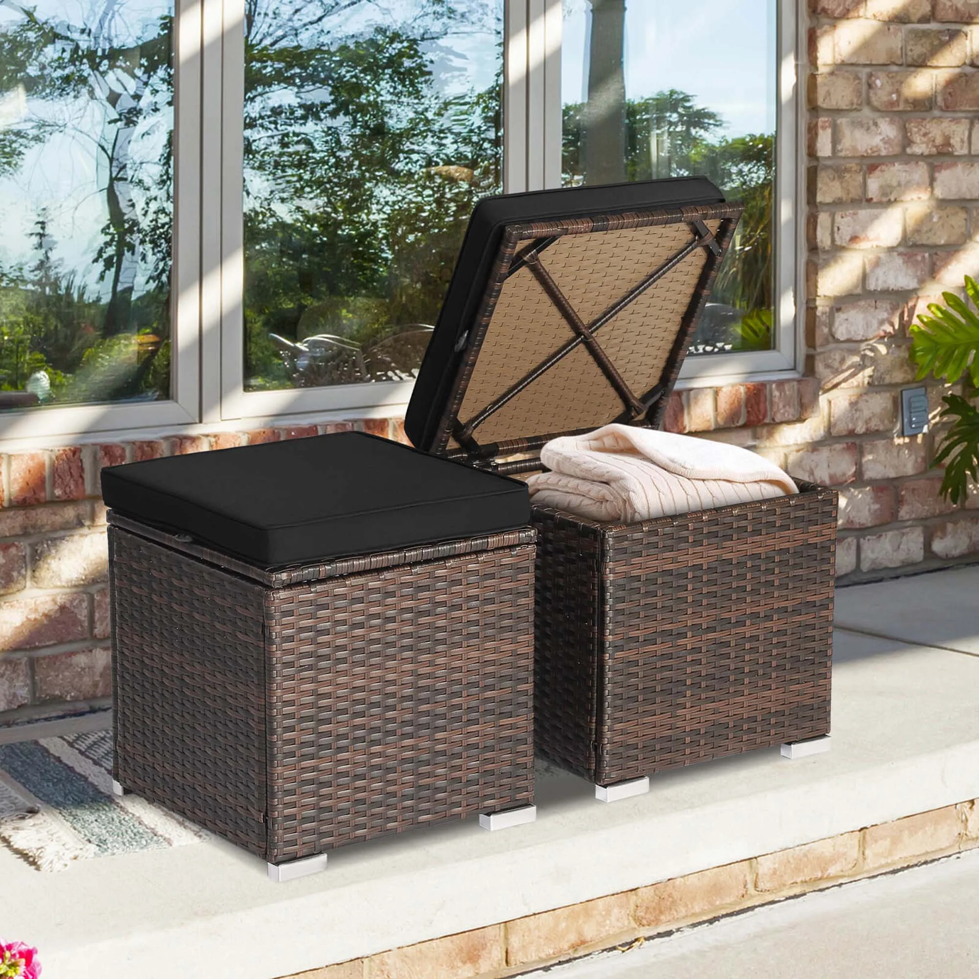 Costway 2PC Patio Rattan Ottoman Seat Side Table Storage Box Footrest Off White