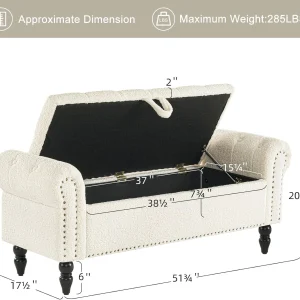 Furniliving Modern Storage Ottoman Bench, Sherpa Ottoman End of Bed Bench with Solid Wood Legs Upholstered Ottoman Benches with Storage Indoor Bench for Living Room with Rolled Arm, Entryway, White