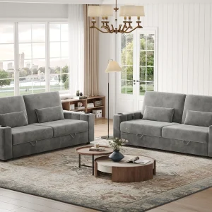 87-Large Loveseat Sofa, 3 Seater Couch with Storage, Velvet Fabric Deep Seat Sofa with Pillow& Cup Holders, Modern Comfy Sofa with USB& Type-C Ports, Home Sofa Couch for Living Room Bedroom