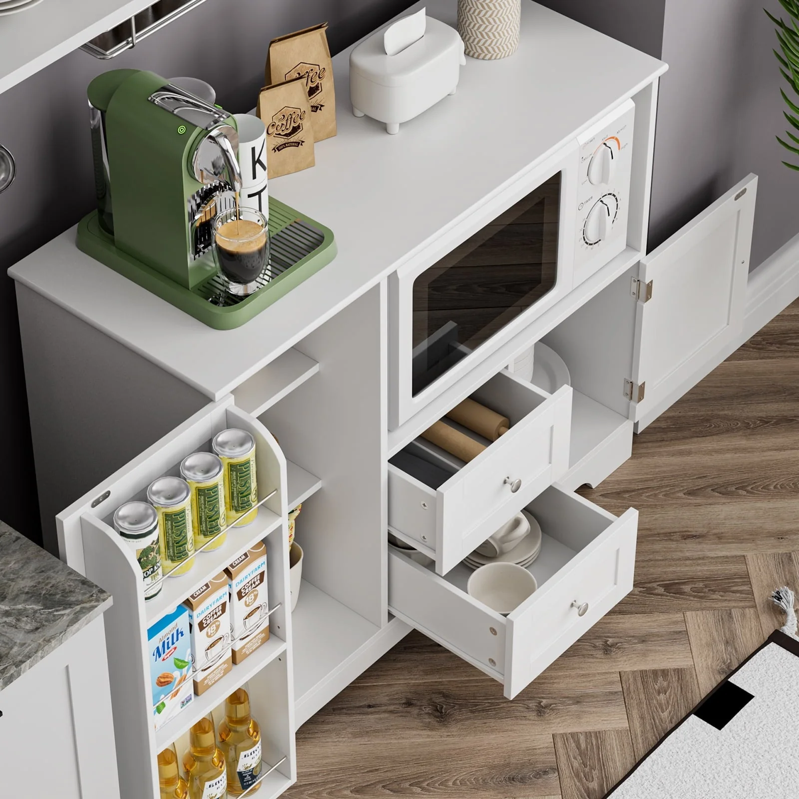 Homfa 40'' Kitchen Storage Cabinet, Buffet Cabinet Sideboard with Drawers and Adjustable Shelves, Microwave Cabinet for Dining Room, White