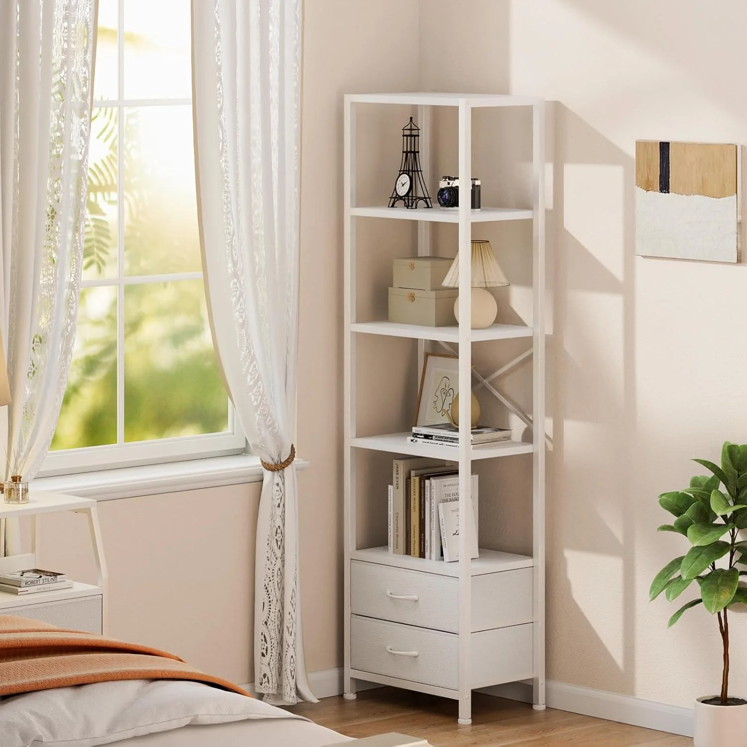 5-Tier Corner Shelf, Narrow Bookshelf with 2 Storage Drawers, Tall Bookcase, Wood Display Standing Shelf Organizer Unit for Living Room, Bedroom, Metal Frame(White)