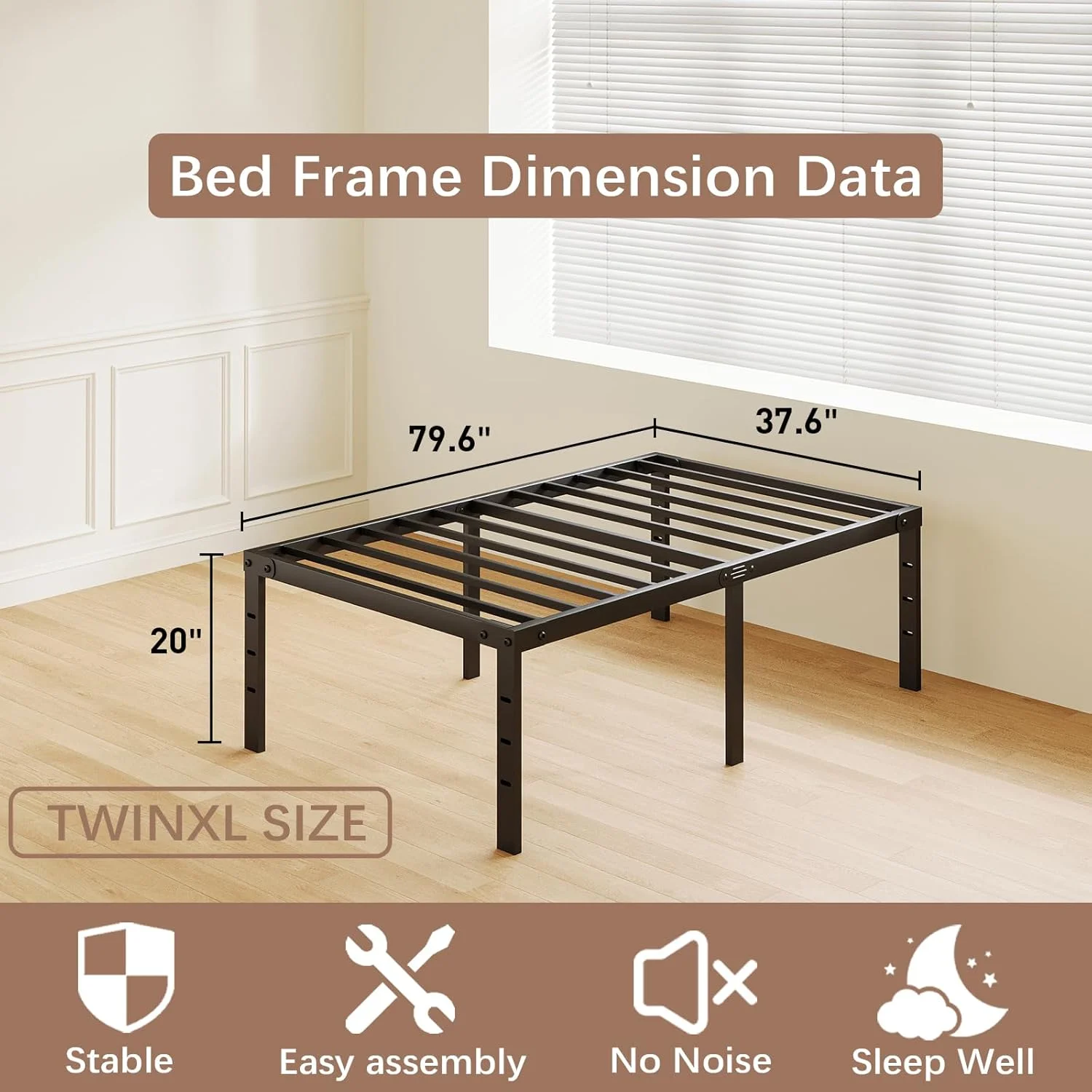 20 Inch King Bed Frame No Box Spring Needed, Heavy Duty Tall Metal Platform with Large Storage Space, Easy Assembly Strong Bearing Capacity, Noise Free
