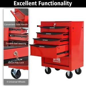 Tool Cabinets 4 Drawers Multifunctional Tool Cart with Wheels,Metal Rolling Tool Cart Storage for Garage Workshop Warehouse Repair Shop--With Stainless Steel Roof- Red&Black,Garage Tool Cabinets