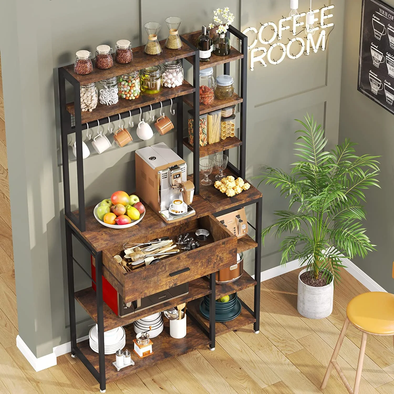 Tribesigns Baker's Rack with Drawer, 70.9 inch Kitchen Storage Shelf with 10 Hooks, Rustic Brown