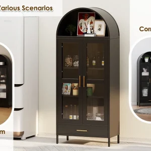 SUXXAN Metal Arched Storage Display Lockable Cabinets with Glass Doors and Adjustable Shelves, Assembly Required, Black