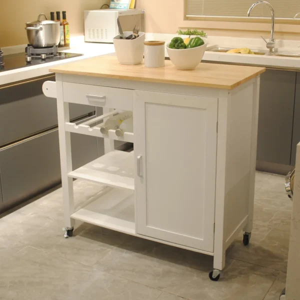 Highsound Wooden Kitchen Island Cart with 3 Shelfs and Cabinet, Kitchen Storage Carts Table with Drawer and Lockable Wheels, White