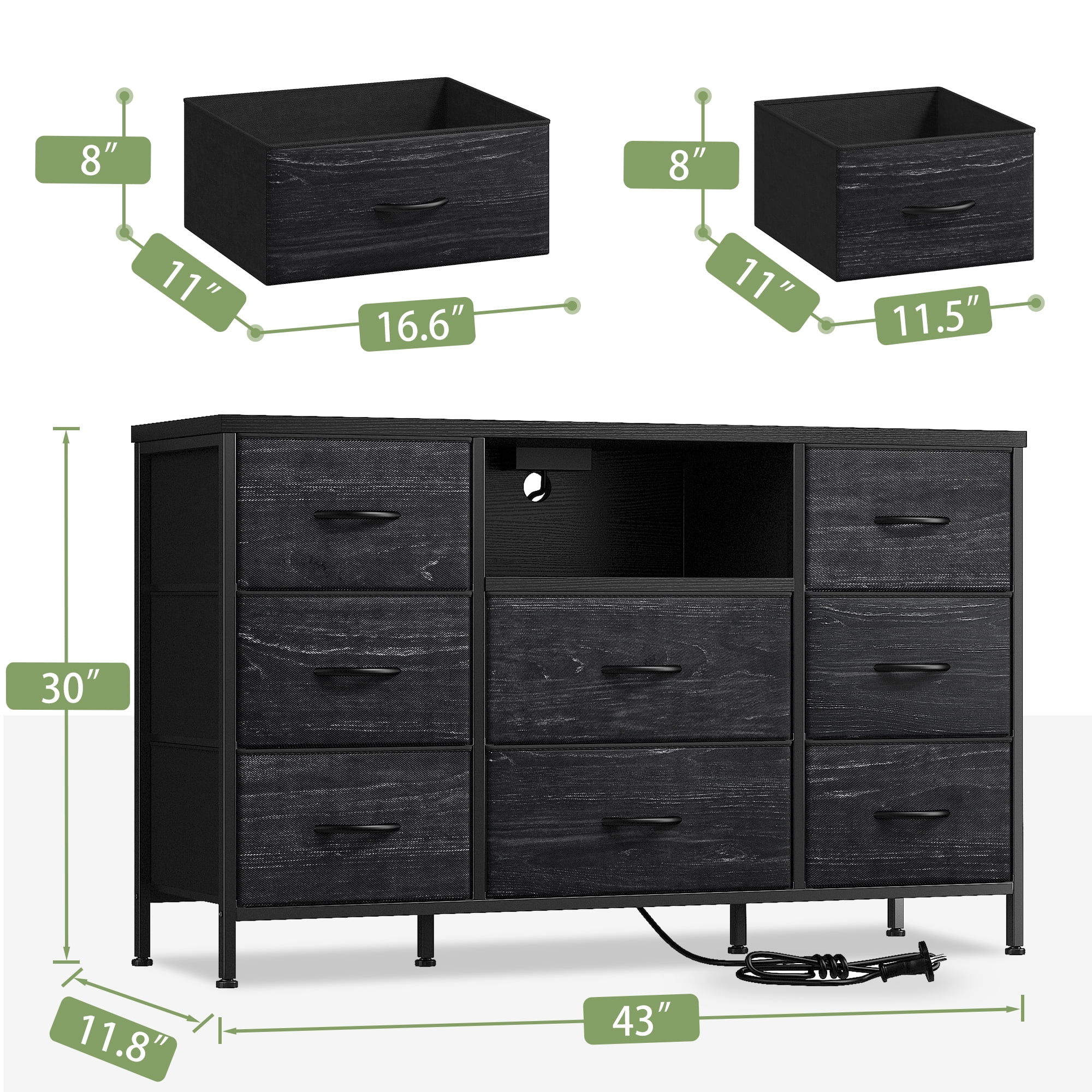 EnHomee Wide Dresser TV Stand with 8 Drawer & Outlet,Dresser for Bedroom Wide Black Dresser & Chests of Drawers Fabric Dressers TV Console Storage Unit for Living Room/Bedroom Furniture, Black
