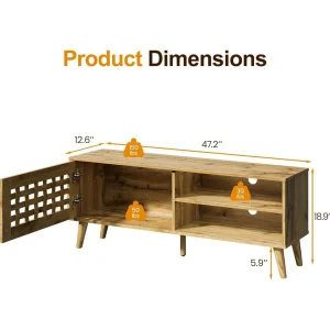 Rattan TV Stand, Fluted TV Stand with Storage, 47 inch Rattan Entertainment Center, Media Console Cabinet for Living Room, Bedroom 47'' -1 Door