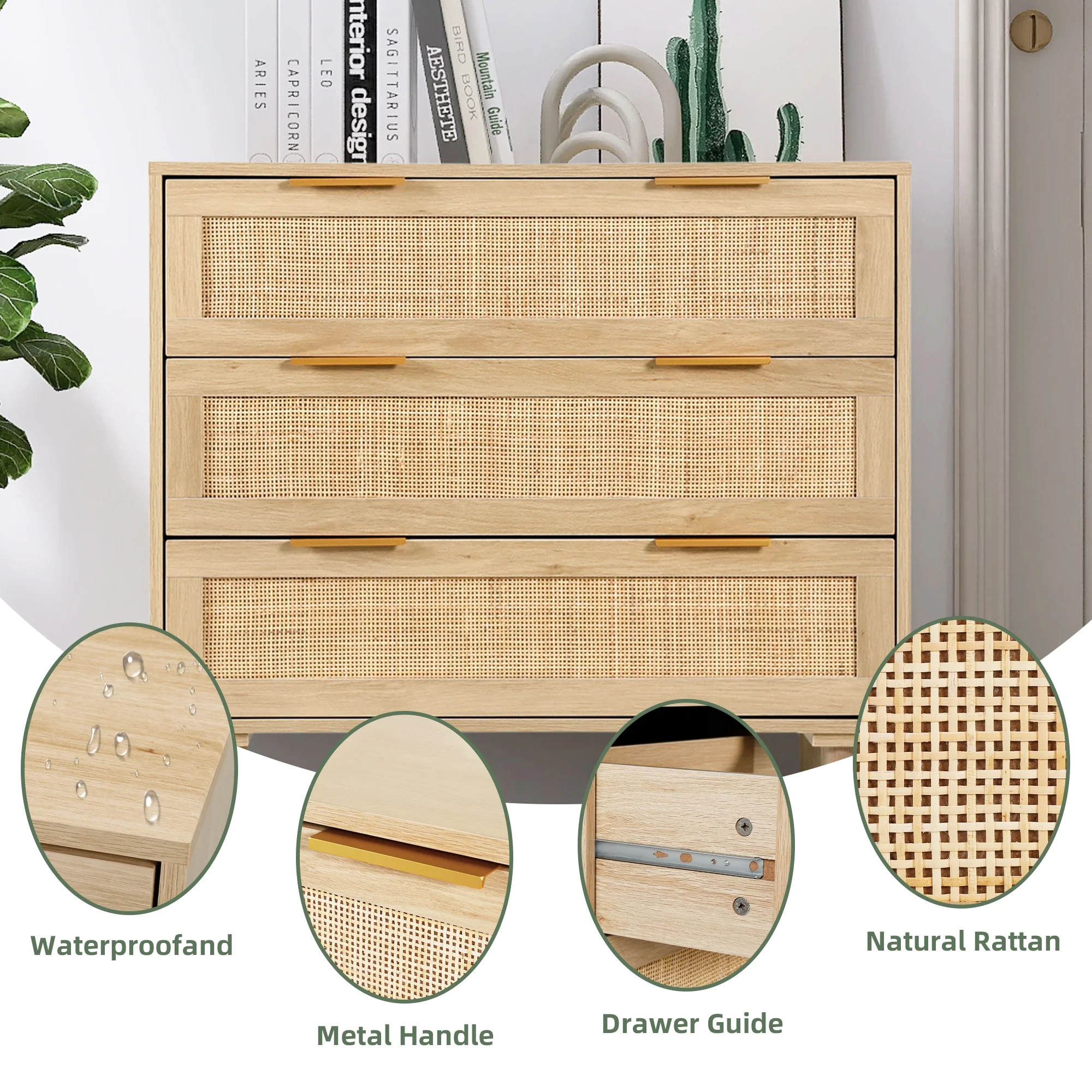 LAZZO 3 Modern Drawer Dresser Rattan, Wooden Dresser Chest of Large Storage Cabinet