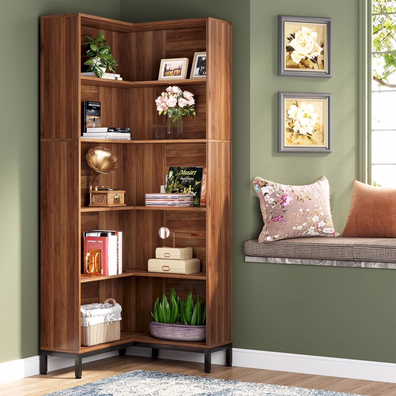 Tribesigns 71" L-Shaped Bookcase, 6-Tier Corner Bookshelf, Industrial Storage Display Rack, Grey