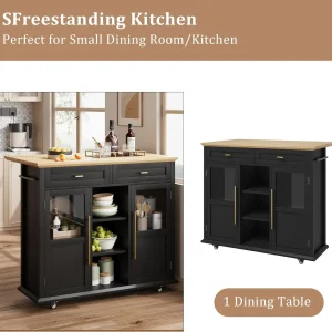 WALYWIK Foldable Kitchen Island Cart with Wheels, 2 Glass Doors, Spice Rack & Towel Holder -C Compact Mobile Storage Cart for Small Kitchens, Dining Rooms, Camping & RVs - Grey