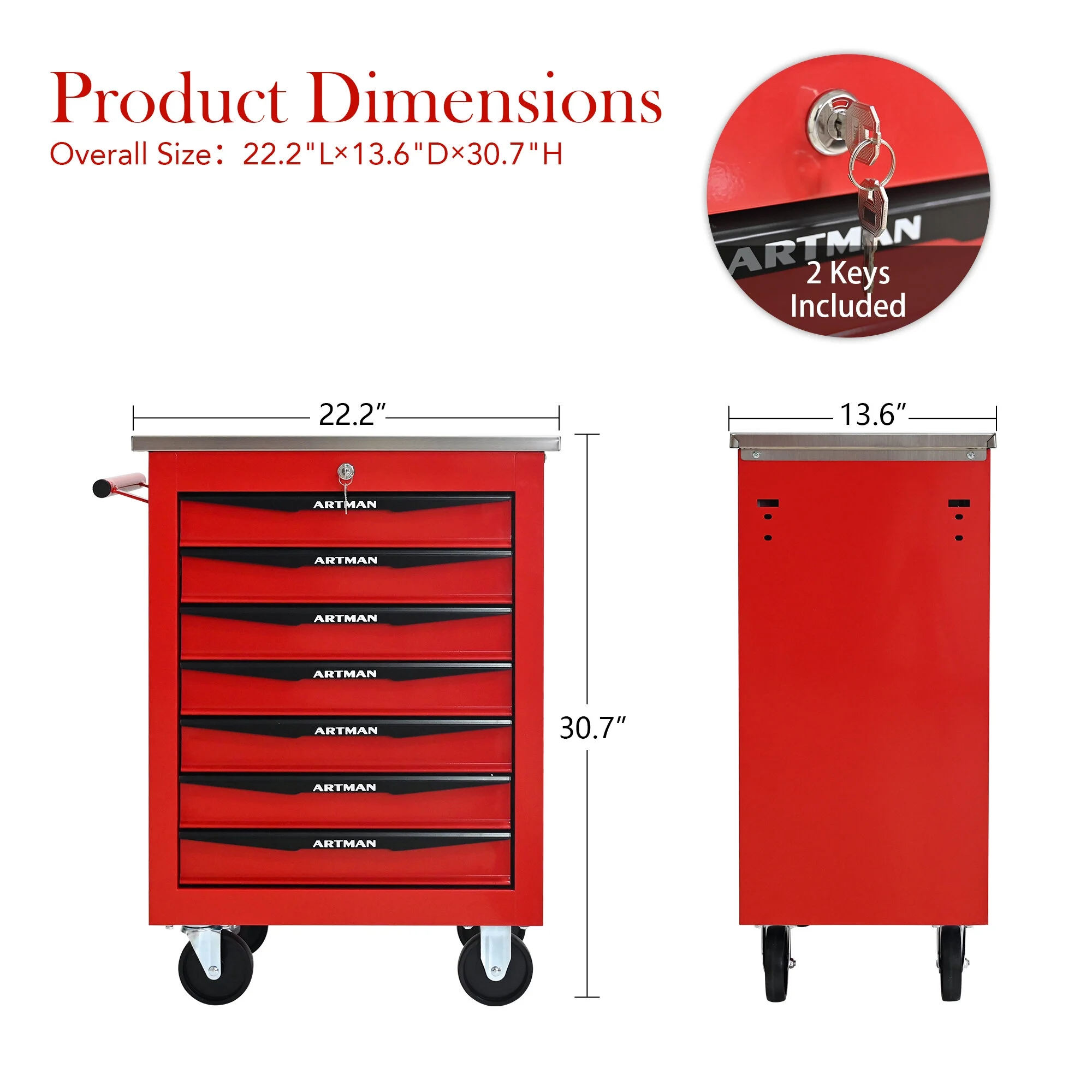 Tool Cabinets 4 Drawers Multifunctional Tool Cart with Wheels,Metal Rolling Tool Cart Storage for Garage Workshop Warehouse Repair Shop--With Stainless Steel Roof- Red&Black,Garage Tool Cabinets