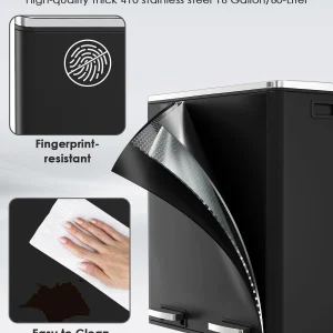 Arlopu 60 L/16 gal Dual Trash Can, Stainless Steel Garbage Can for Kitchen, Recycle Bin with Lid