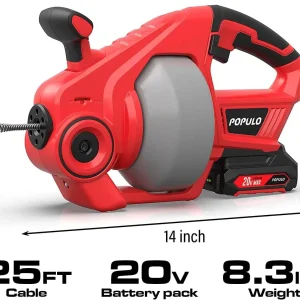 POPULO 20V Cordless Electric Drain Auger-Efficient 25Ft Auto-Feed Drain Snake with Replaceable Cable,2.0Ah Battery,Charger,Storage Bag & Gloves for Kitchen,Bathroom,Shower Pipes (3/4"-2")"