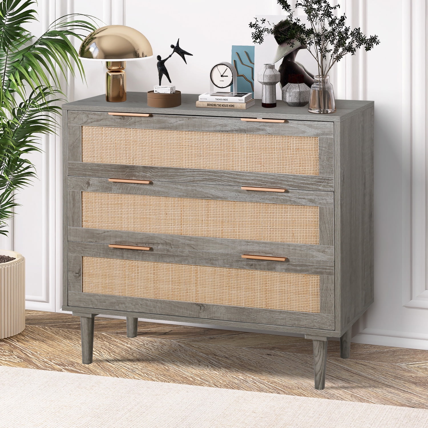 LAZZO 3 Modern Drawer Dresser Rattan, Wooden Dresser Chest of Large Storage Cabinet