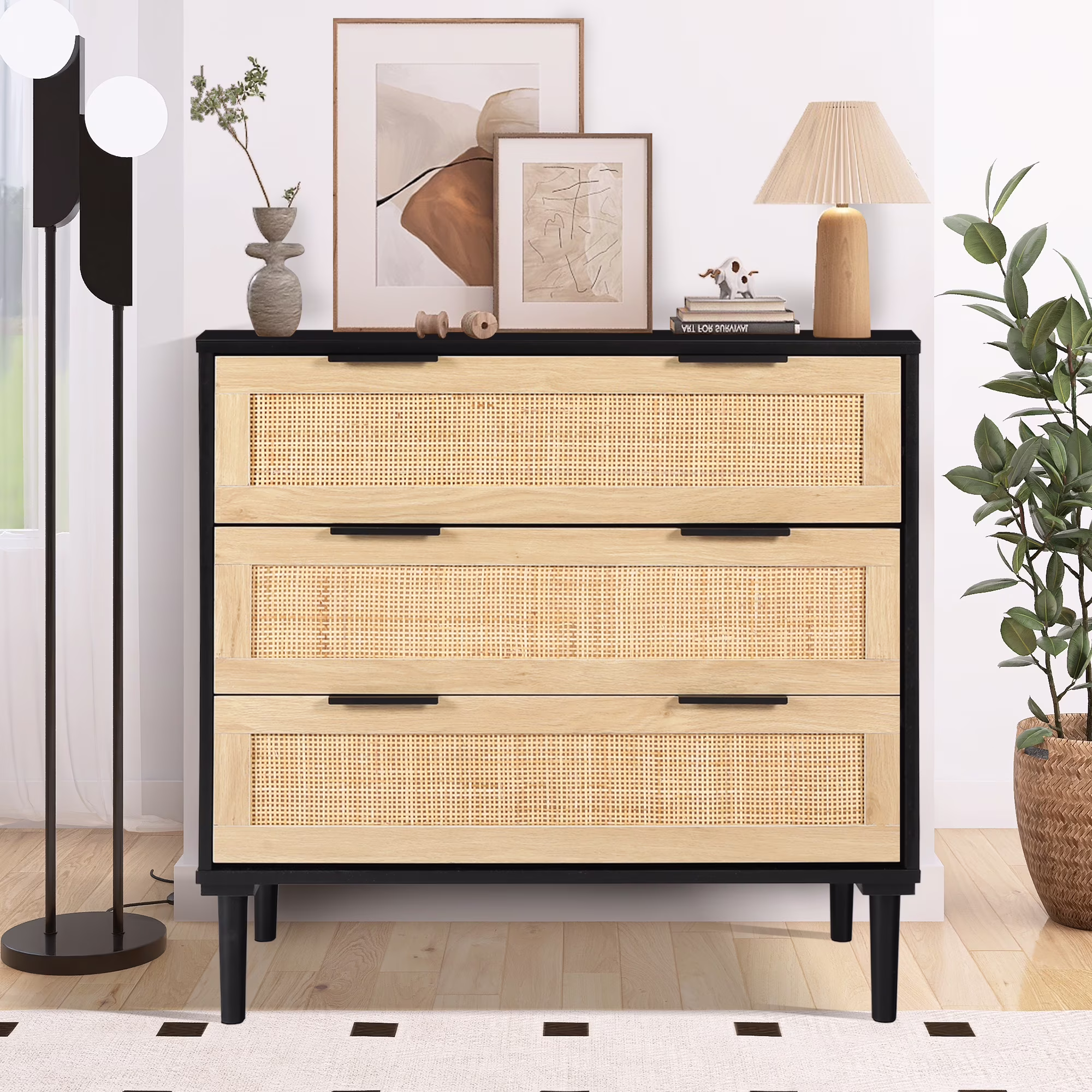 LAZZO 3 Modern Drawer Dresser Rattan, Wooden Dresser Chest of Large Storage Cabinet