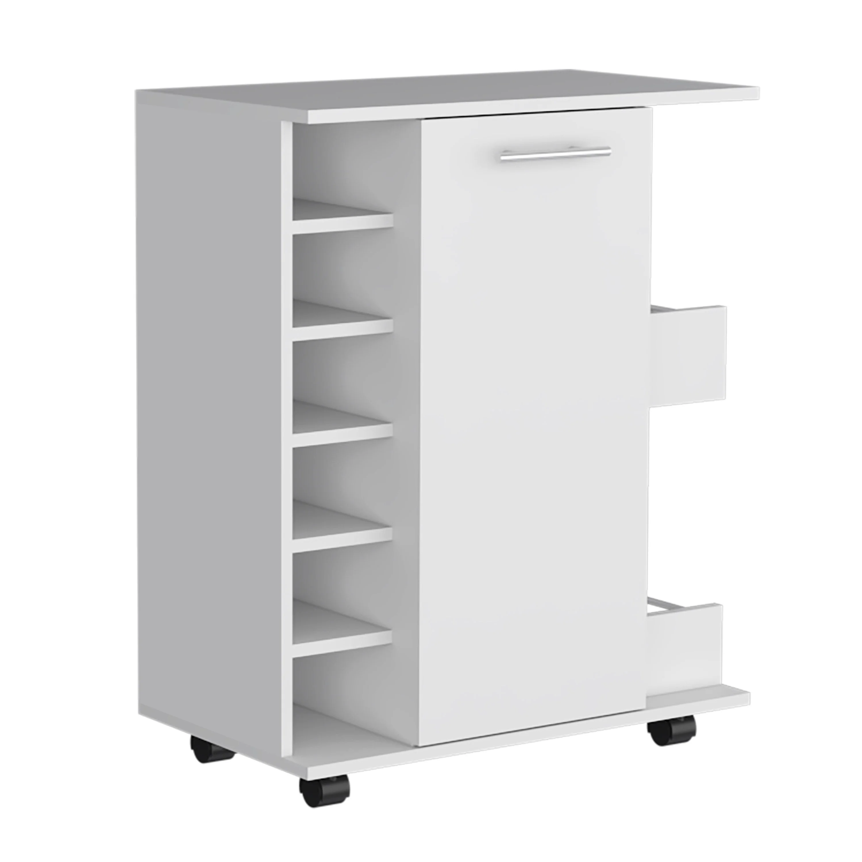 Royard Oaktree Modern Coffee Bar Cabinet wit Wheels, Home Bar Cart with Door, 6-bottle Wine Rack, and Storage Shelves, Small Wine Bar Cabinet for Kitchen, Living Room, Dining Room, White