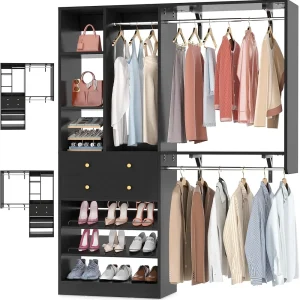 iSunirm 5FT Closet System with Drawers,5FT Closet System with Drawers, 60" Closet Organizer System with 2 Hanging Shelving Perfect Storage Solution for Organizing Your Closet