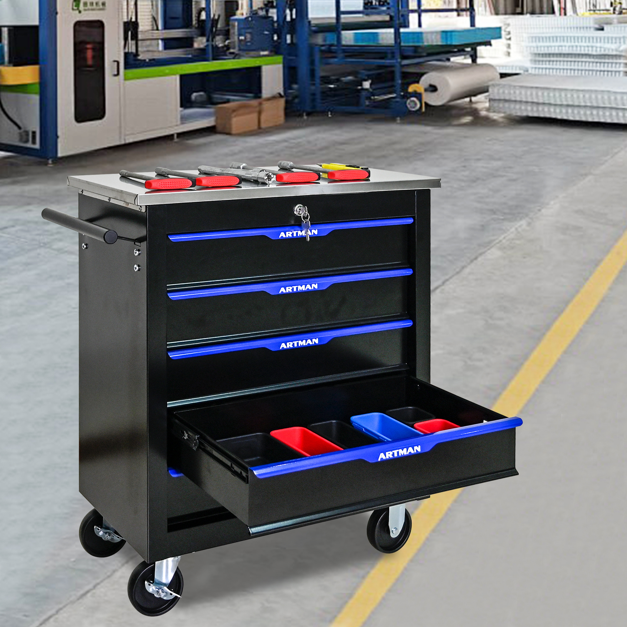Aukfa Composable 25.9 in Tool Chest with 7 Drawers&7 Plastic Storage Box for Workshop Garage, Black
